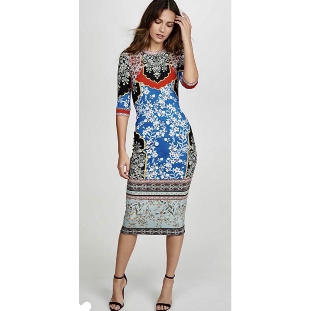 Alice + Olivia Delora Fitted Palace Daffodil Midi Sheath Dress Women Size 0